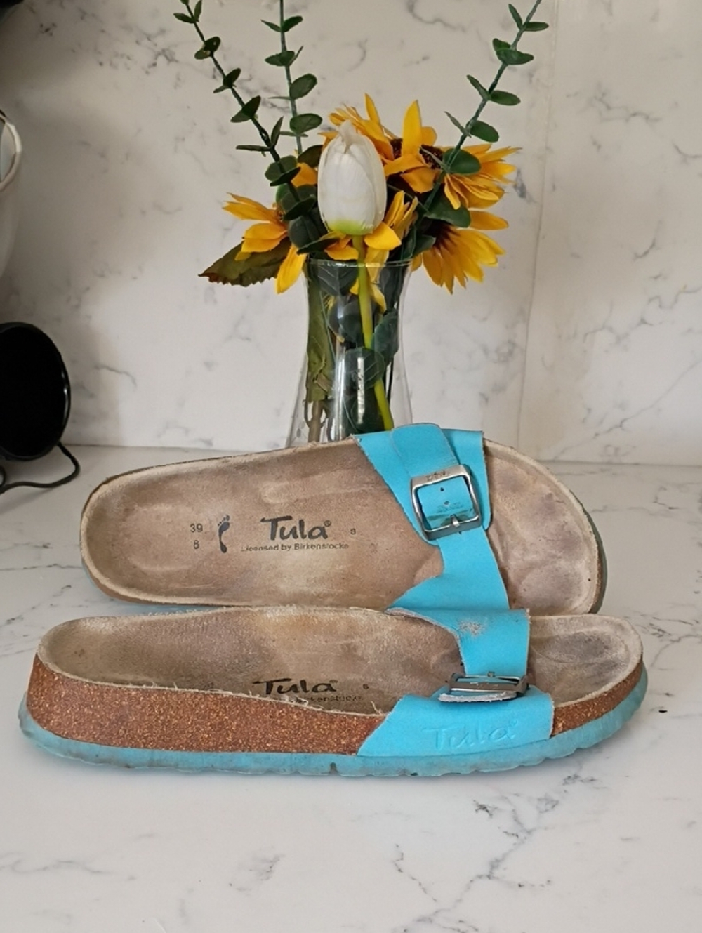 Tula Turquoise Single-Buckle Cork Footbed Slide Sandals